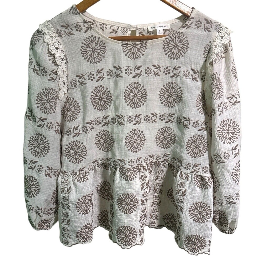 Blu Pepper Winnie Blouse L Embroidered Floral Peplum Boho Cottagecore Prairie